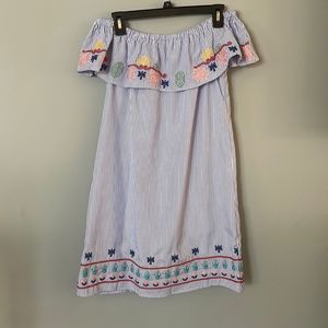 NWT Joy Joy Off Shoulder Embroidered Blue & White Stripes Sun Dress
